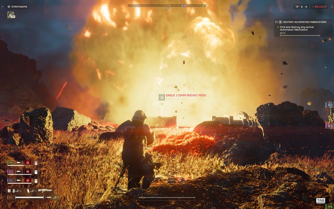 Helldivers 2 screenshot showing The player-character stands facing a large fireball from an Eagle Rocket Pod drop.