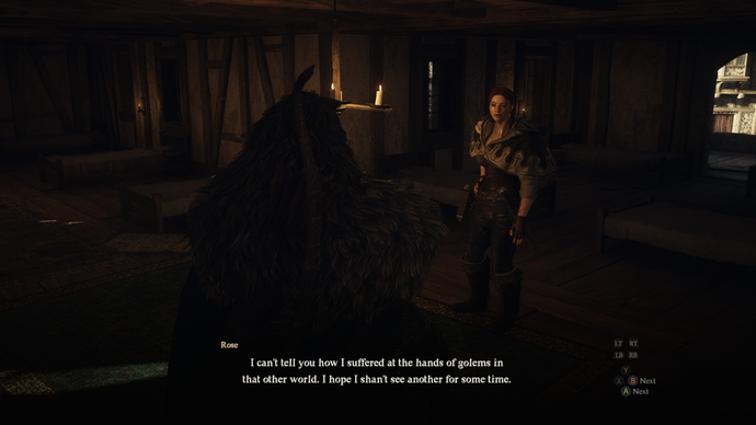 Dragon's Dogma 2 Review 7 - Dragon's Dogma 2 screenshot of the Arisen's main pawn Rose telling him of her adventure after returning from her journey