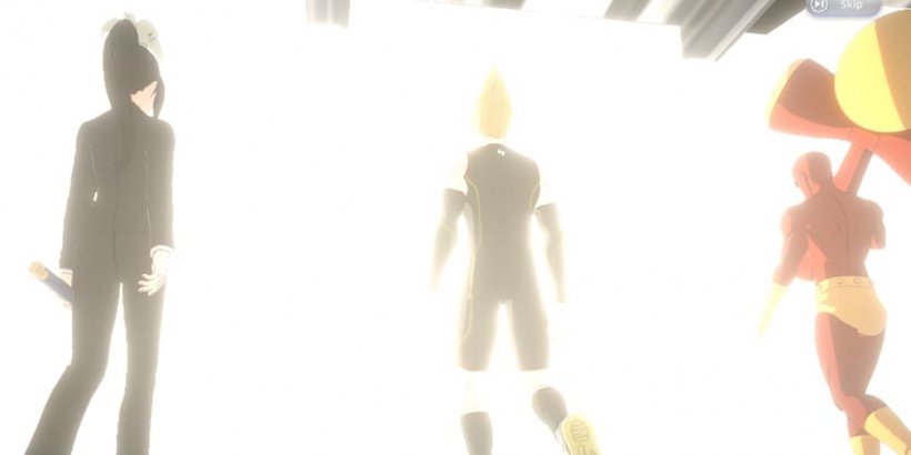 Three characters moving towards a flashy light
