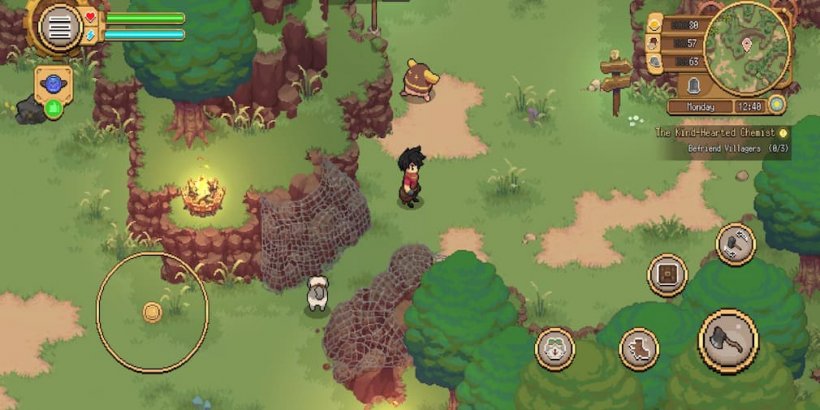 Main character in Potion Permit standing on a green field near a white dog and a tree