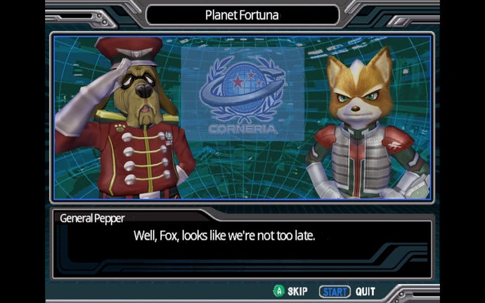 Star Fox Assault screenshot, General Pepper is speaking to Fox McCloud and saying, "Well, Fox, looks like we're not too late."