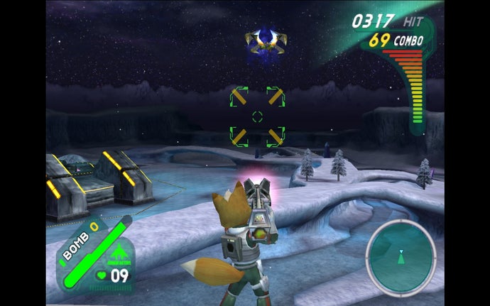 Star Fox Assault screenshot, Fox McCloud aiming his gun while standing on a flying Arwing's wing on a snowy planet.