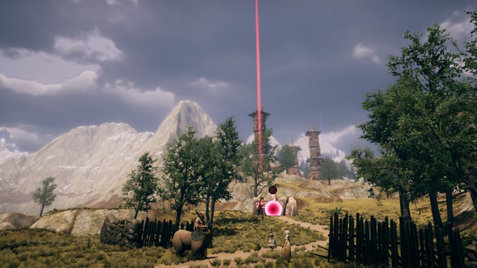 A portal, glimpsed in the distance, sends a beam of light into the summer sky, while trees and mountains fill out the scene in this screen from Timemelters.