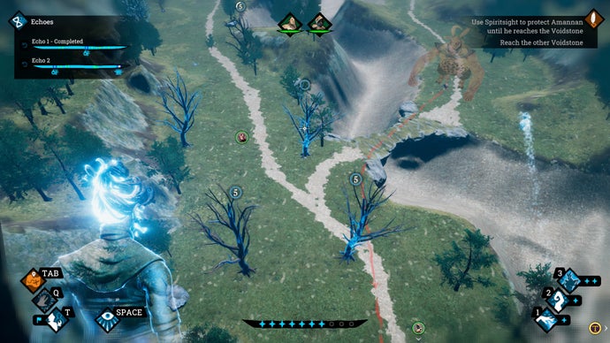 An overhead view of the battlefield in Timemelters with various trees that can be selected and turned into magical turrets.