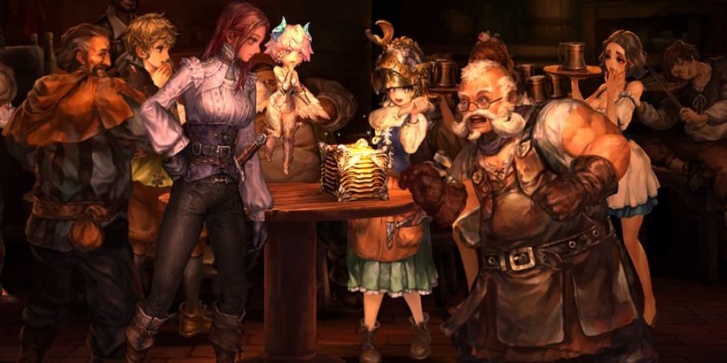 A bunch of characters standing around Veda's box on a table in the tavern