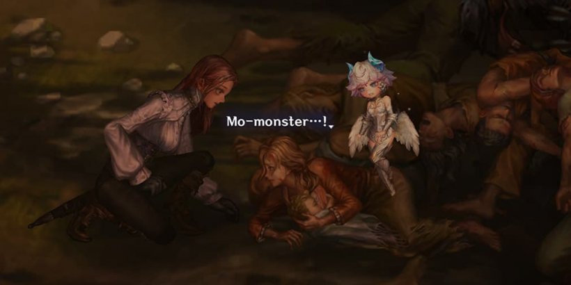 Player character kenneling and listening to a mother with many who is crawling out of a corpse pile