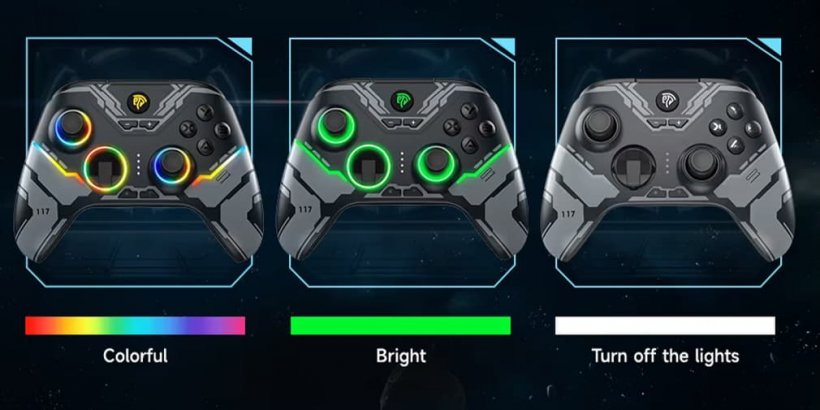 Three Mecha X15 controller, one with multicolor RGB lights, one with green RGB lighting and one with the lights off
