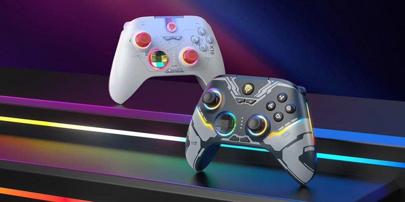 A starfield X15 controller to the left of a Mecha X15 controller ona rainbow background.