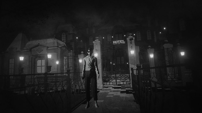 Lorelei and the Laser Eyes screenshot of woman standing outside ominous hotel all in black and white
