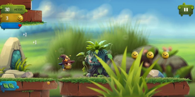 Pipunka in mage hat bouncing towards a plant enemy