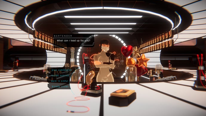 1000xResist screenshot showing a futuristic bartender asking "what can I load up for you?"