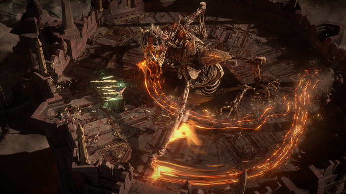 Path of Exile 2's giant Tor Gul boss, a huge skeletal monster, fires off fiery magic.