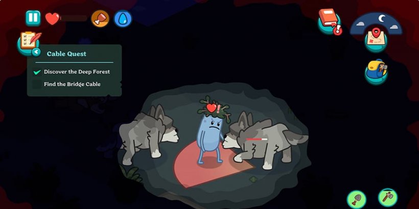 Player character in shrub hat battling two wolves at night