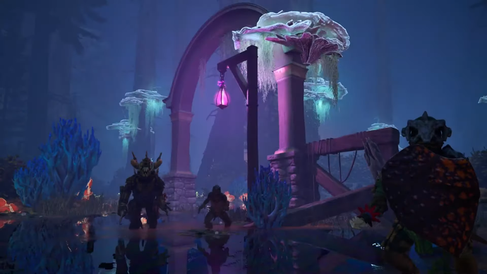 Avowed screenshot showing a florescent-lit underground area.