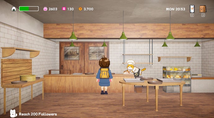 A school girl approaches a cat in a baker's outfit in Neko Odyssey.