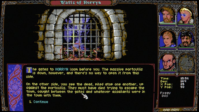 A screenshot of Skald: Against the Black Priory, showing corpses piled against the portcullis gate of the town of Horryn.