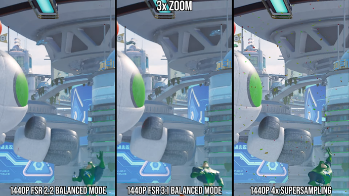 FSR 3.1 vs 2.2 vs 4x SS, showing invisible confetti