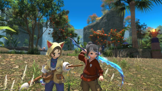 FF14: Dawntrail screenshot showing Player character and NPC Krile in Kozama'uka, a tropical setting.