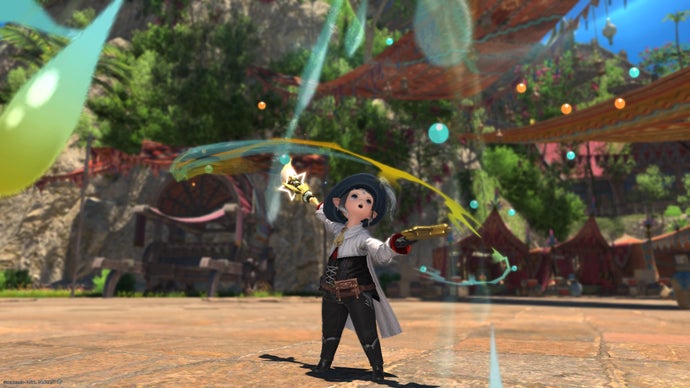 FF14: Dawntrail screenshot showing Player character as Pictomancer, dressed as an artist and painting the air.