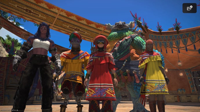 FF14: Dawntrail screenshot showing A variety of members from Tural’s different clans: female Hrothgar, Mamool Ja, Pelu Pelu, Hanu, Hyur.