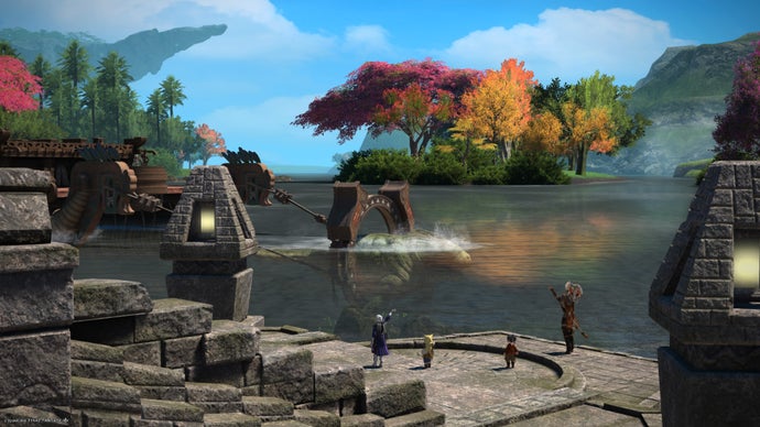 FF14: Dawntrail screenshot showing A large raft-like vessel approaching the player character and NPCs on a stone dock.