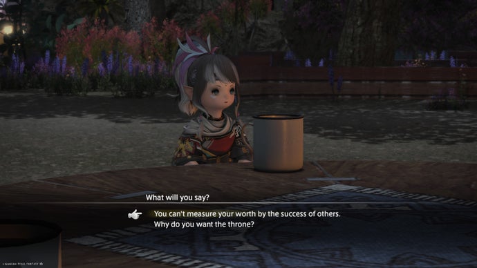 FF14: Dawntrail screenshot showing Player character sitting at a table at night time with two dialogue options.