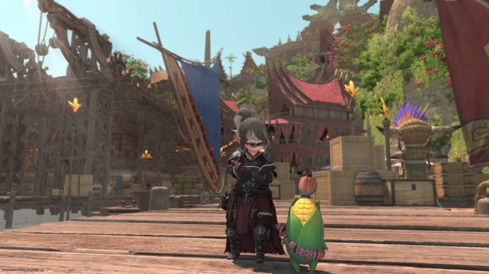 FF14: Dawntrail screenshot showing Player character with a corn cob minion in the city of Tuliyollal.