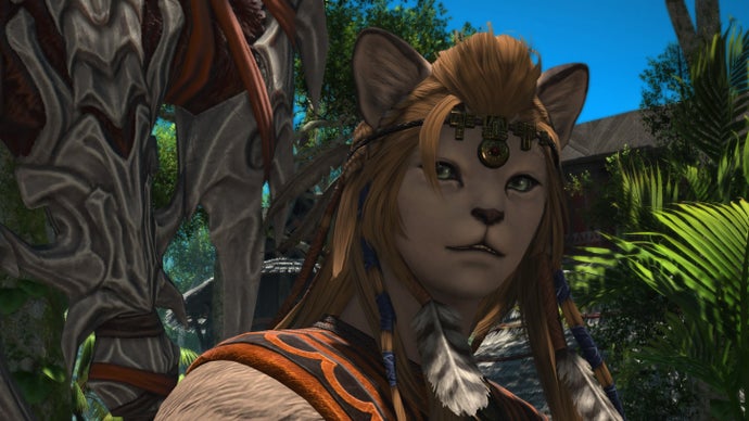 FF14: Dawntrail screenshot showing Headshot of Female Hrothgar, Wuk Lamat, looking off camera.