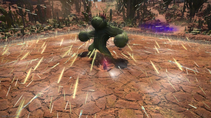 FF14: Dawntrail screenshot showing Player character against giant cactus (Barreltender) in wild west dungeon setting.