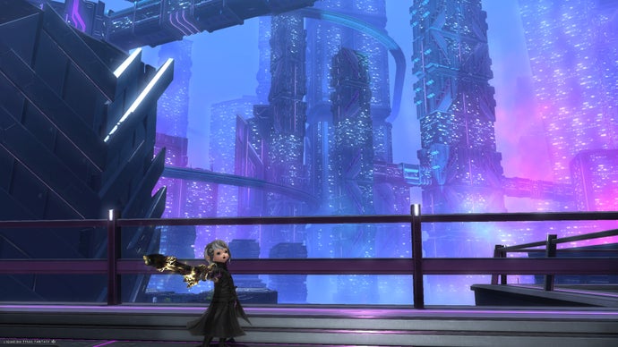 FF14: Dawntrail screenshot showing Player character in Solution 9 in front of a cyberpunk city skyline.