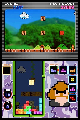 Tetris DS screenshot showing a mario level on the top and a tetris level below, with goomba to the right