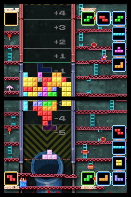 Tetris DS screenshot showing a Tetris level played across both screens with Donkey Kong ladders around it