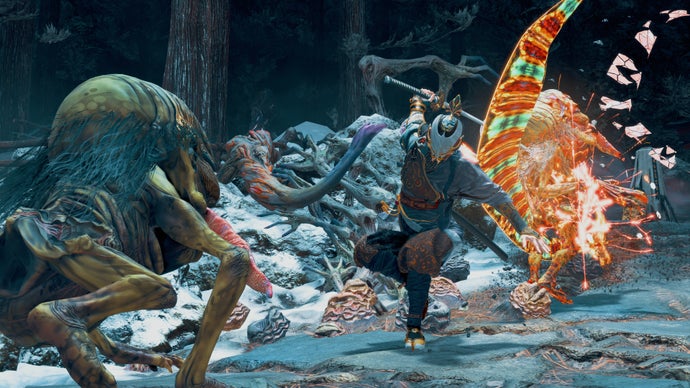 A masked warrior attacks several Japanese yokai monsters with their sword in Kunitsu-Gami: Path of the Goddess.