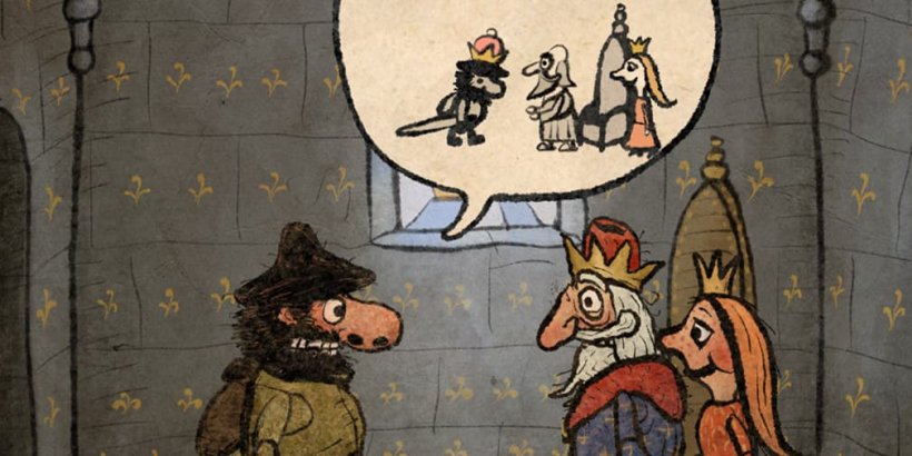 The rogue talking to the king and the princess. A speech bubble shows the king giving the rogue his crown.