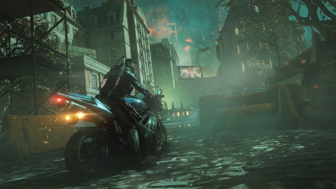 Warframe screenshot showing 1999 expansion protagonist Arthur Nightingale riding his motorbike through the moonlit streets of an Earth-like city.