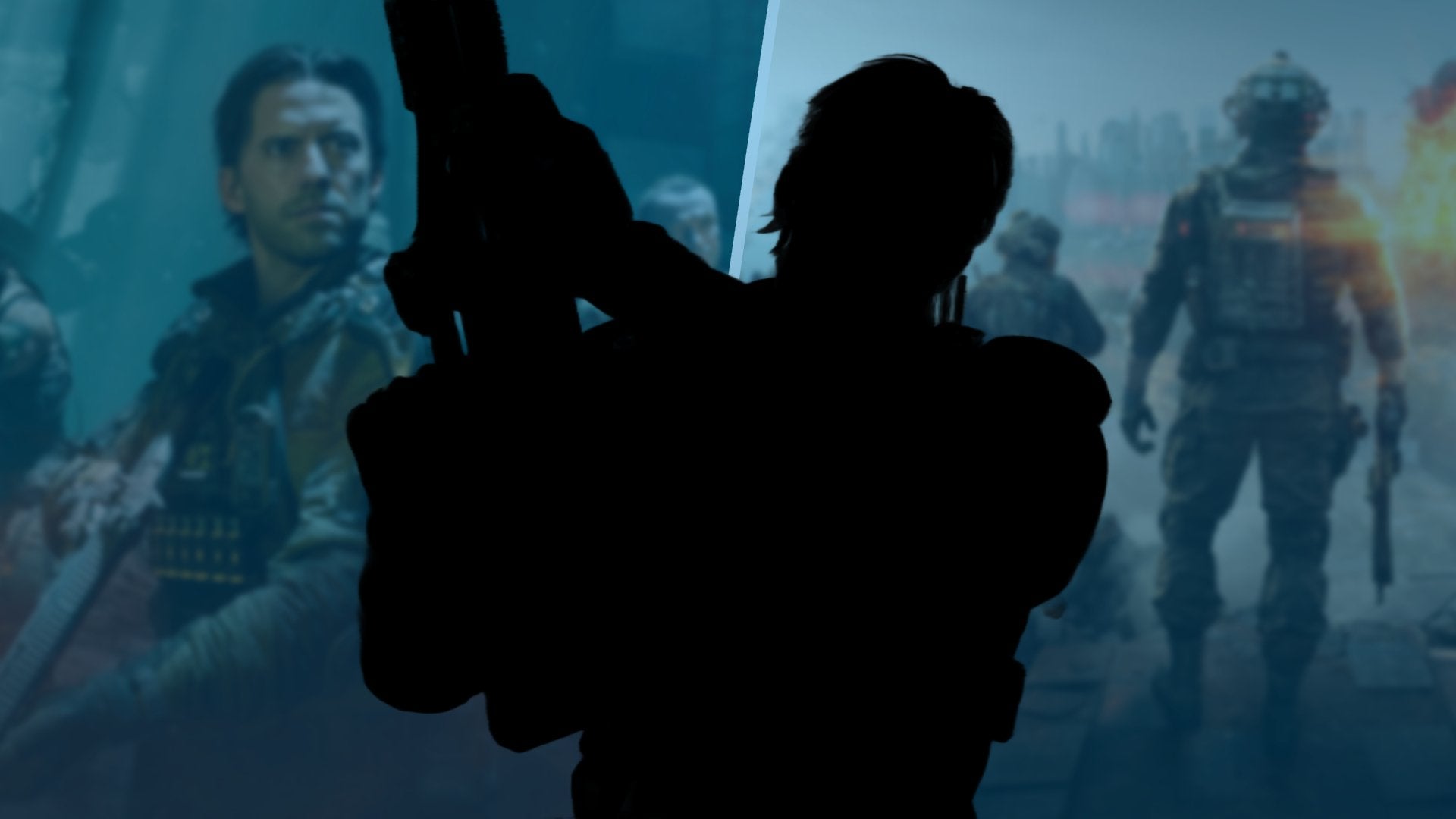 Call of Duty Black Ops 7's lead character alongside a generic Battlefield 6 character, with a silhouette of a character holding a gun in the middle.