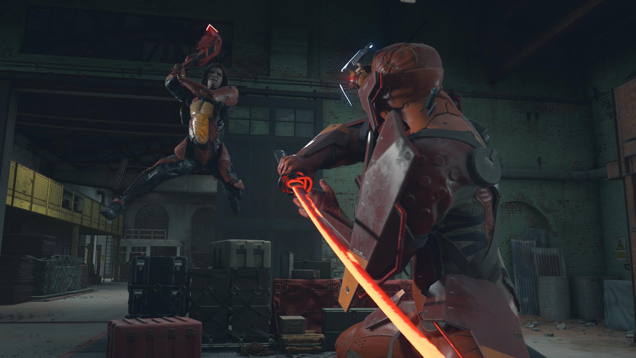 Death Stranding 2 screenshot showing Higgs leaping in the air with a guitar gun attacking a cyber samurai with a laser katana