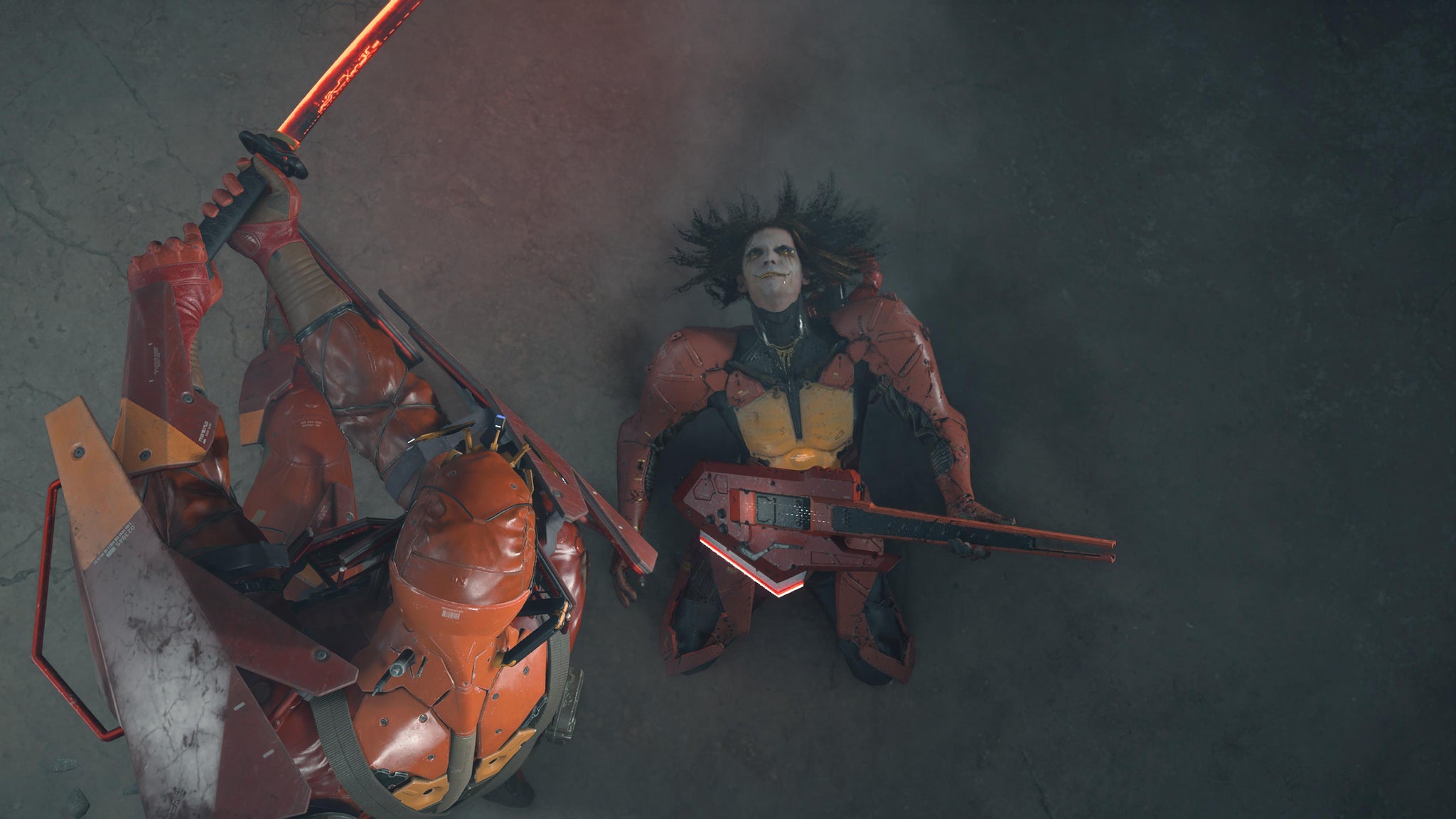 Death Stranding 2 screenshot showing Higgs sliding on the ground with a guitar gun beneath the laser sword of a cyber samurai