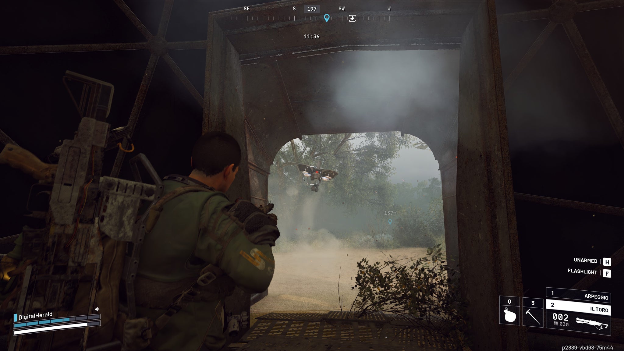 A screenshot of Arc Raiders, showing the player aiming at a Hornet drone, through a doorway.