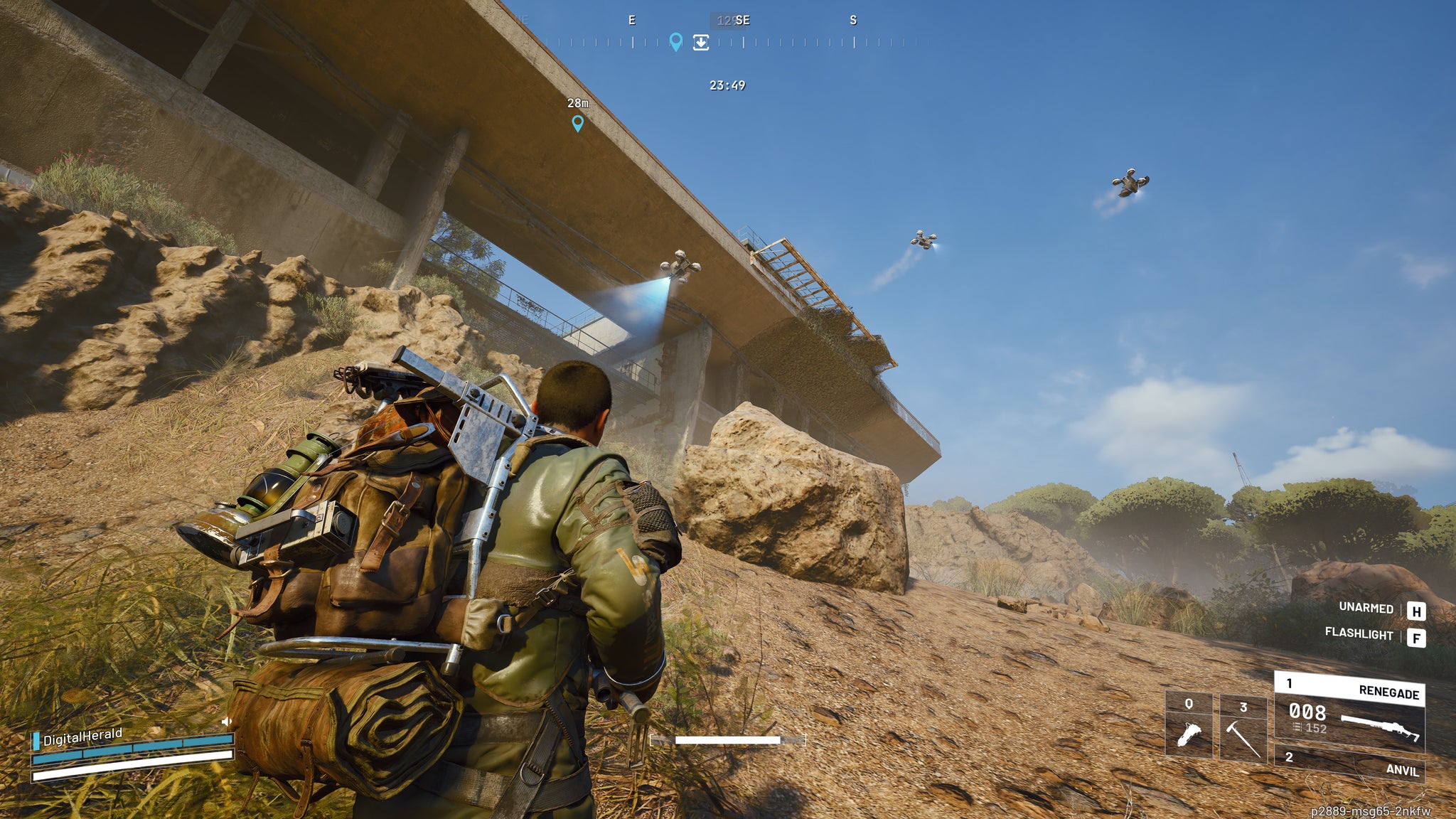 A Screenshot of Arc Raiders, showing the player watching drones fly overhead in the rocky landscape beneath a water treatment centre.