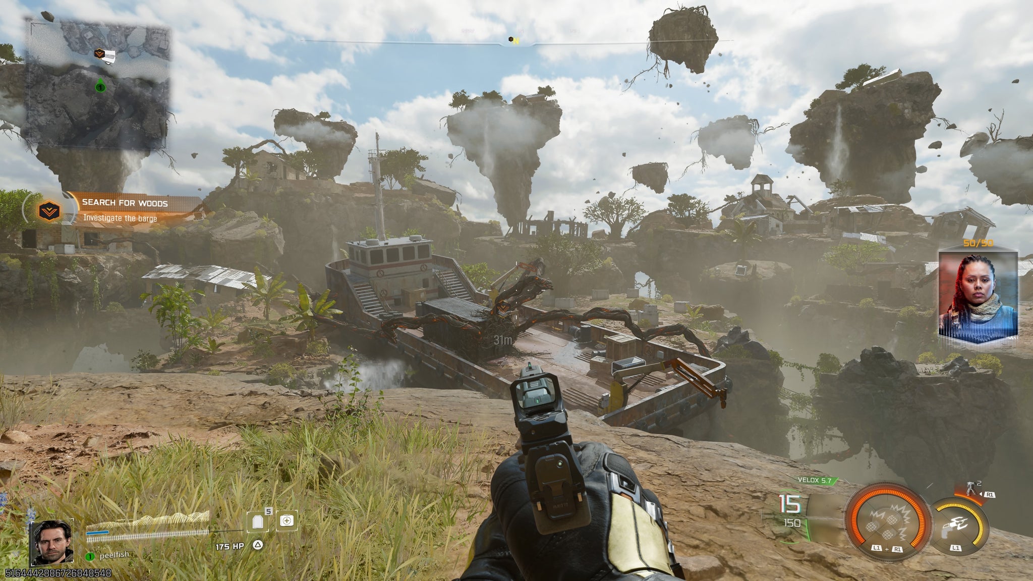 The player looks out over a dreamscape of floating islands and shipwrecks in the campaign of Call of Duty: Black Ops 7.