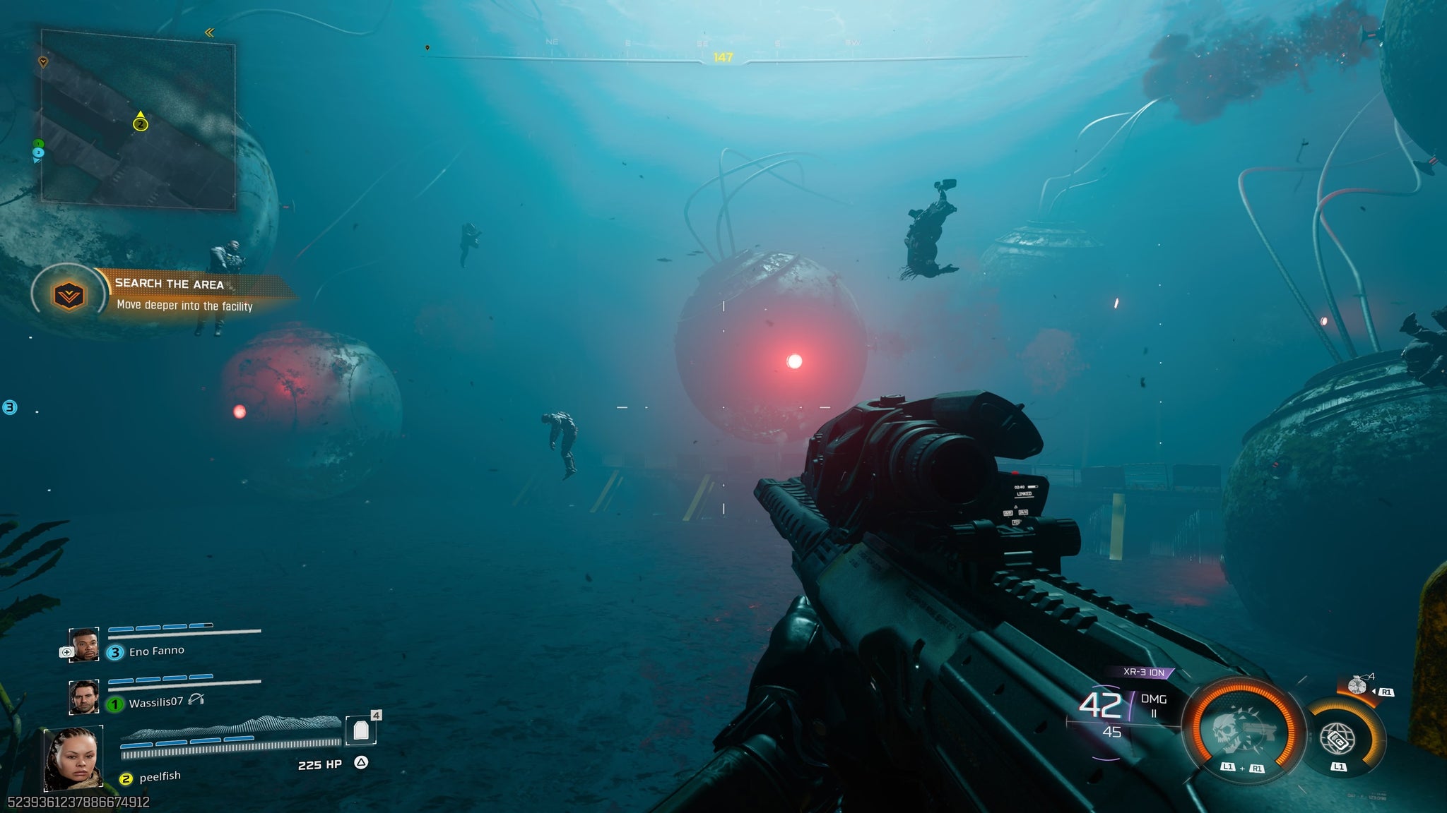 Call of Duty: Black Ops 7 screenshot shwoing underwater mines and enemies, a red light against the deep blue