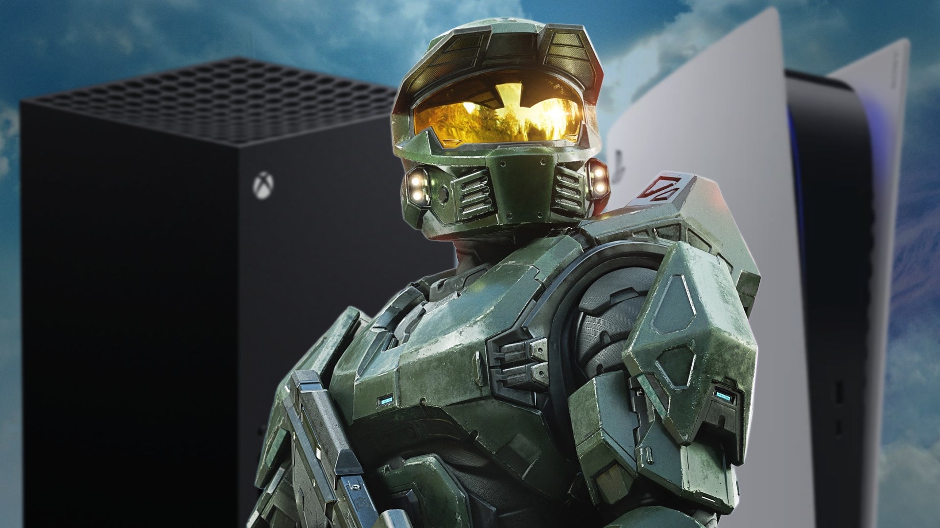 Master Chief, as he appears in Campaign Evolved, stands in front of a Series X and a PS5.