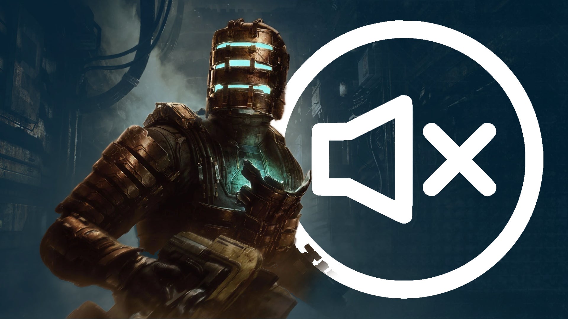 A mute icon behind Isaac in his engineer suit, as he appears in Dead Space Remake.