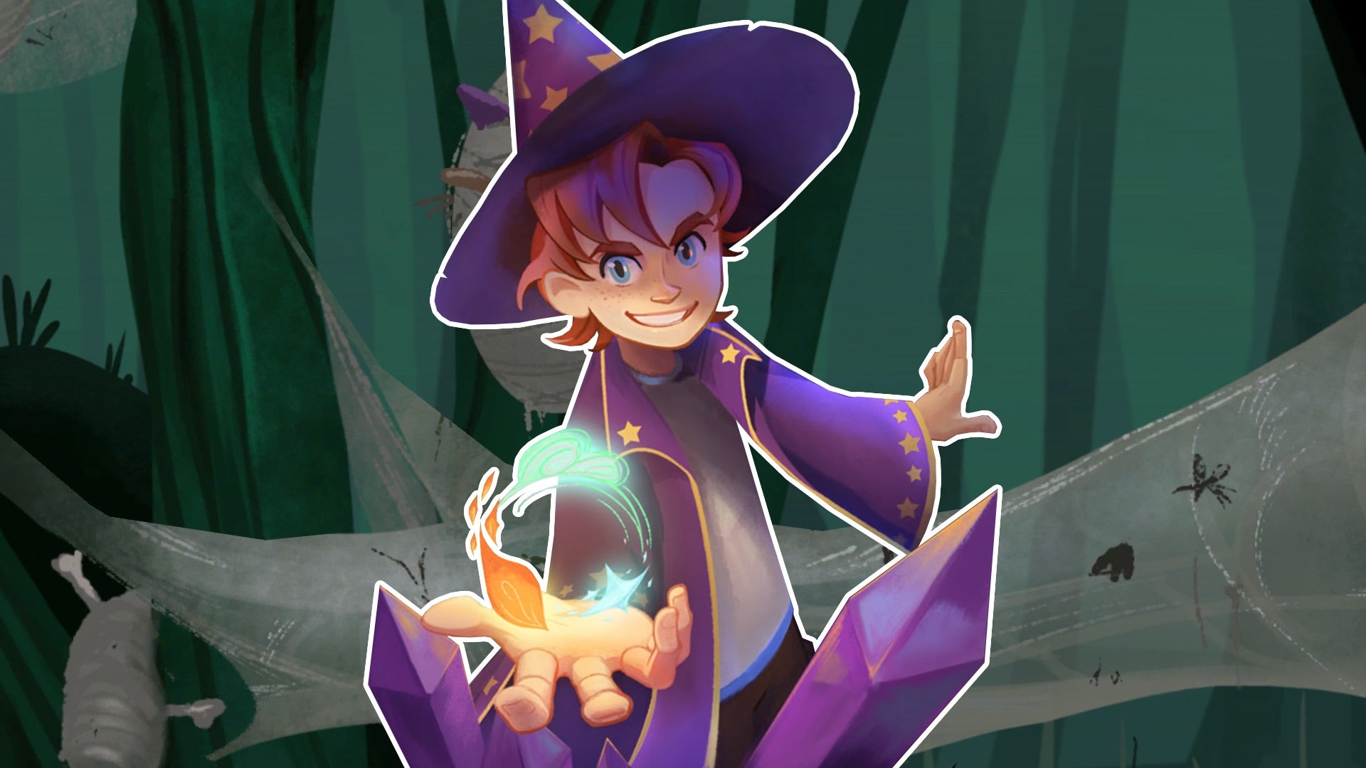 Simon the Sorcerer Origins artwork showing the young sorcerer brandishing magic, superimposed over a cobwebby swamp.