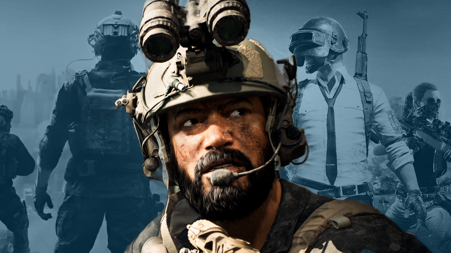A Battlefield Guy looking stern in front of faded artwork from PUBG, with a blue hue