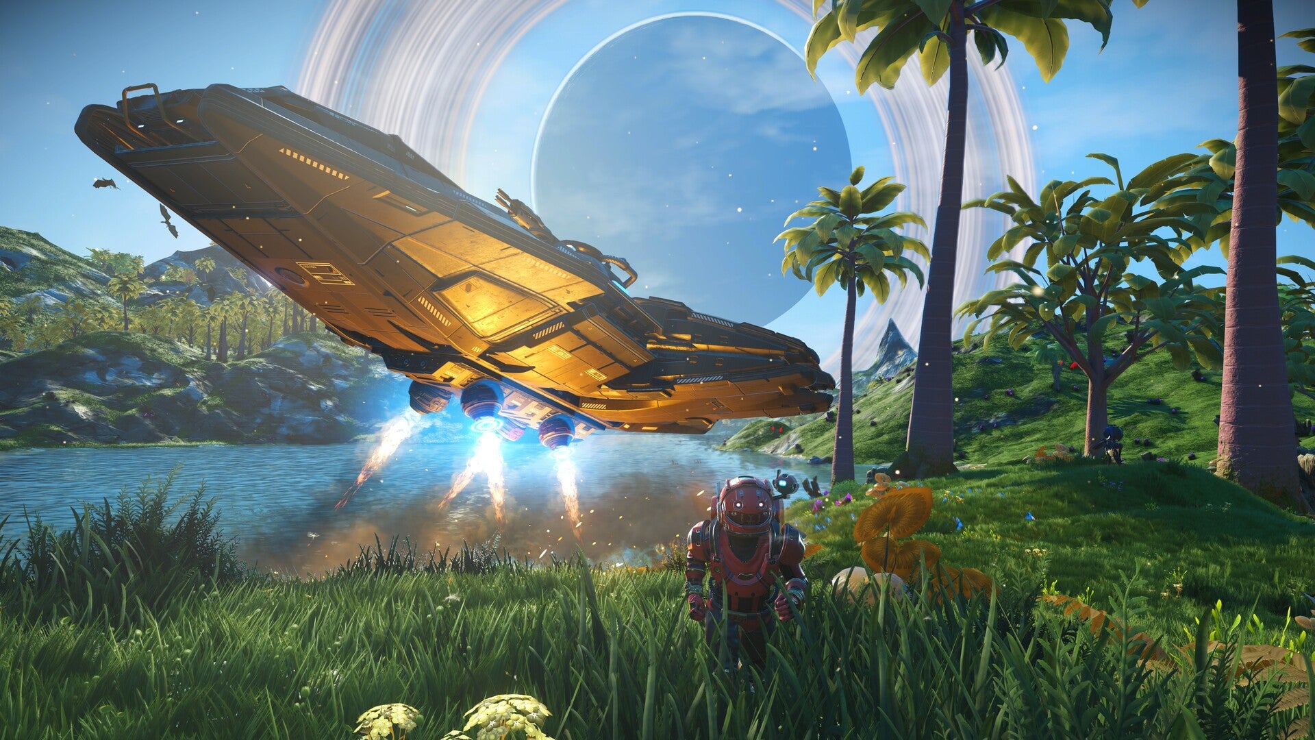 Official No Man's Sky image showing the player leaving a ship on a lush alien planet