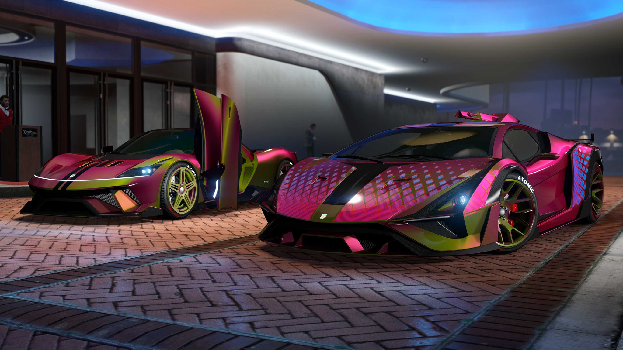 Official GTA 5 image showing two ludicrous, shiny pink hyper cars in a GTA Online garage