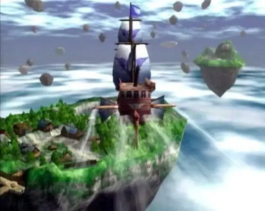 Skies of Arcadia screenshot showing the ship sailing through the air over floating islands