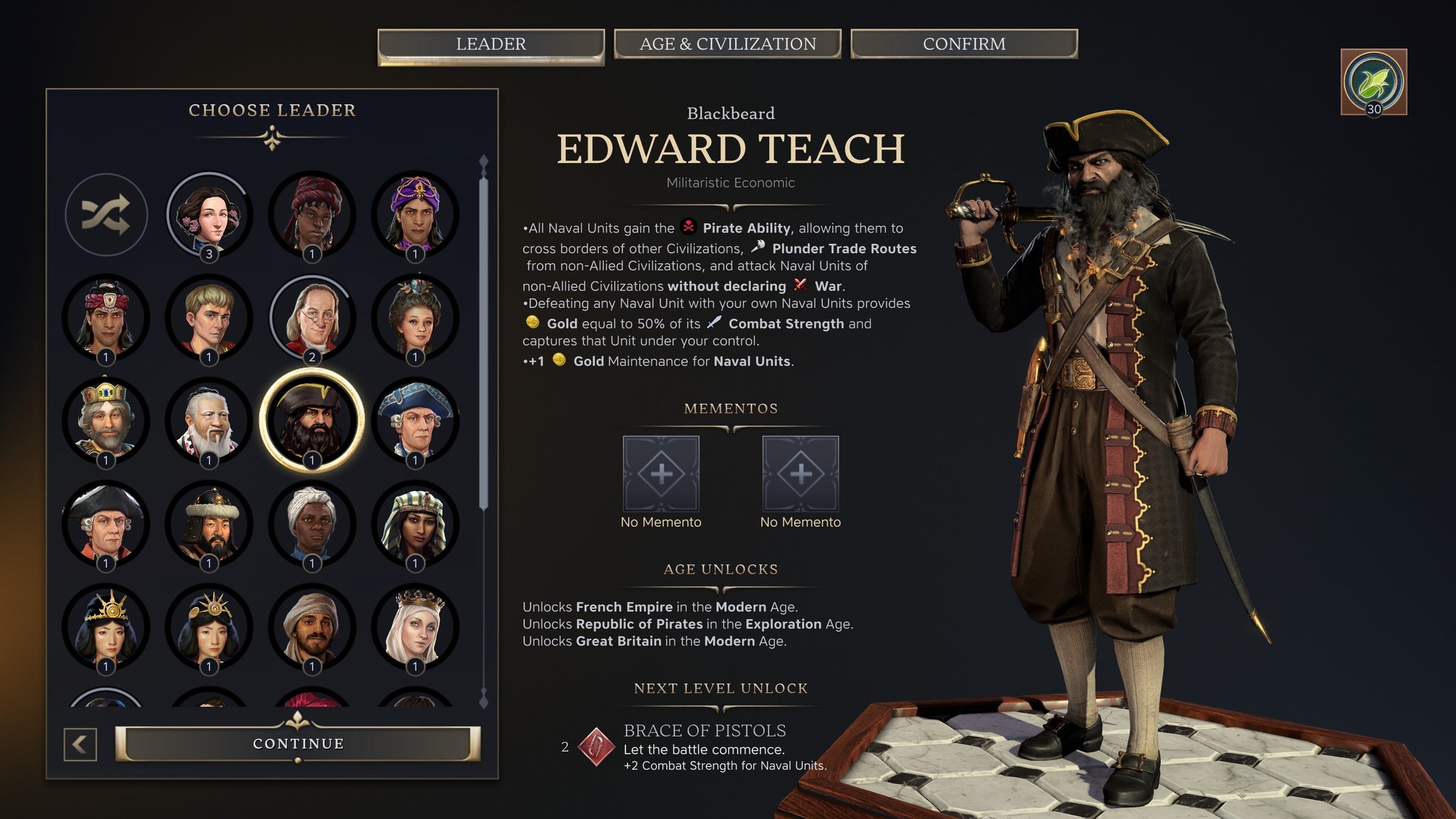 A Blackbeard character sheet in Civilization 7.